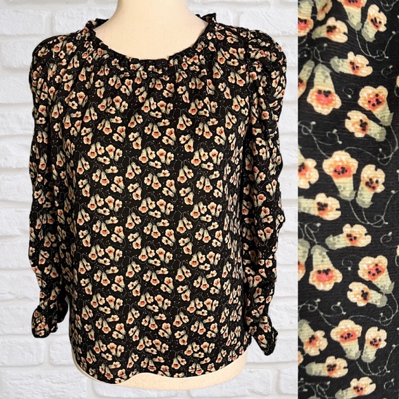 NWT Max Studio Floral Top Long Sleeve Rouched Ruffle Sz XS Black - Picture 1 of 12